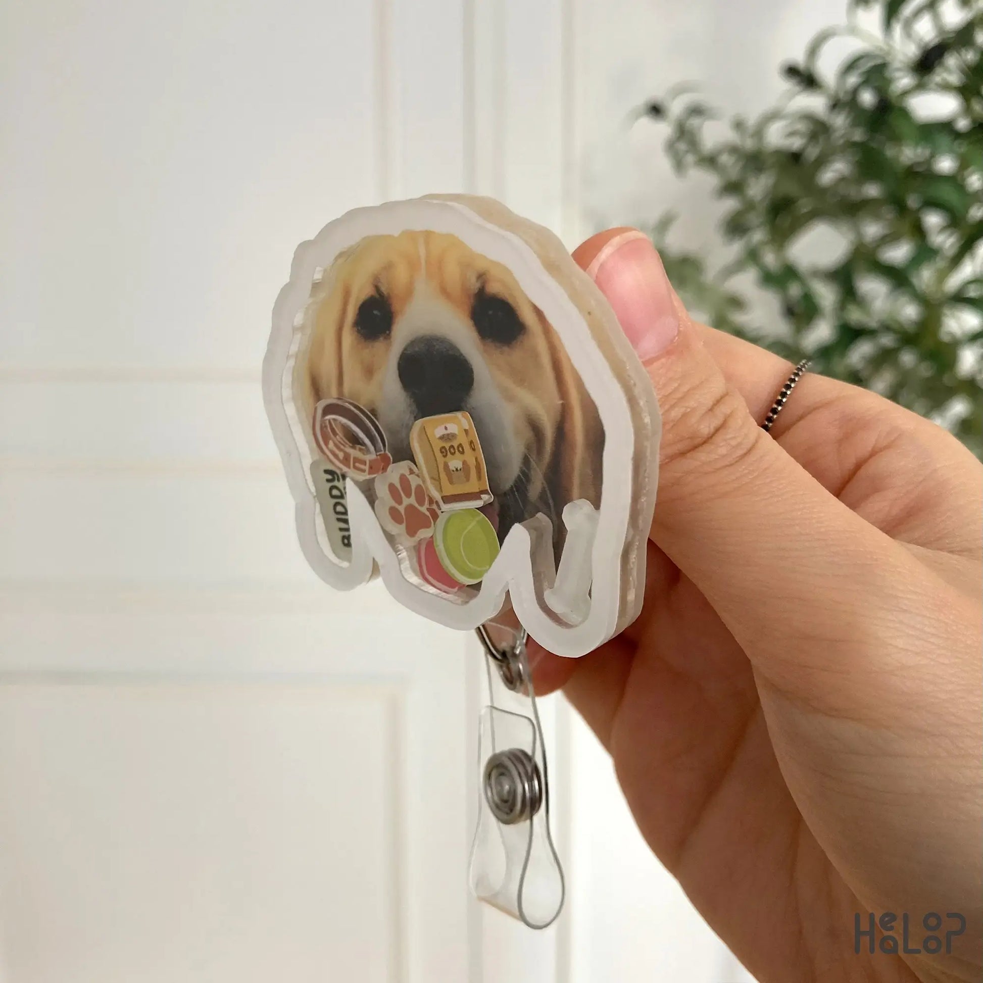 Dog pet badge reel side view.