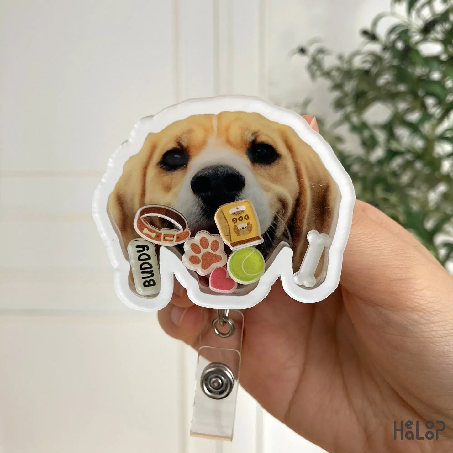 Dog photo badge reel.