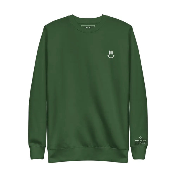 Forest Green sweatshirt with 'Everything will be okay' embroidered in white on the left sleeve, a comforting reminder for mental health awareness.