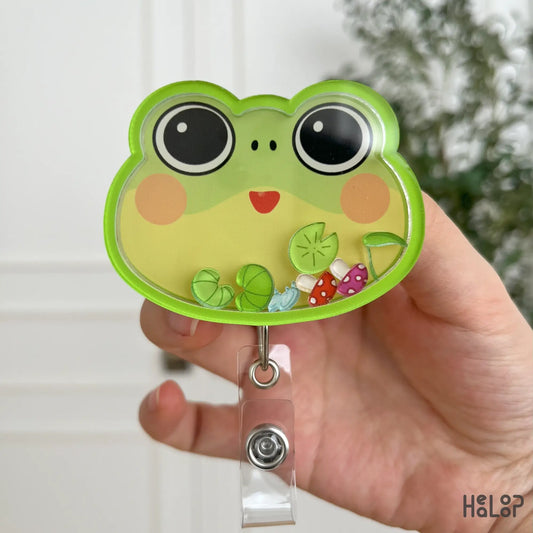Frog shaker badge reel in hand, cute retractable ID clip
