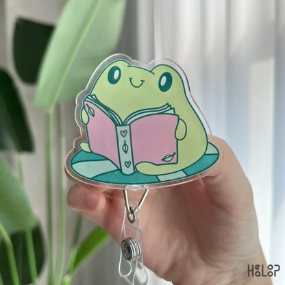 Cute frog reading book badge reel, kawaii retractable ID badge reel for nurses, teachers, and book lovers