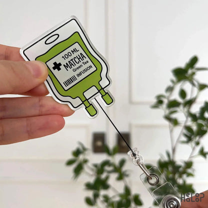 Funny Matcha IV Bag Badge Reel by Healoop – retractable ID holder for nurses and healthcare staff