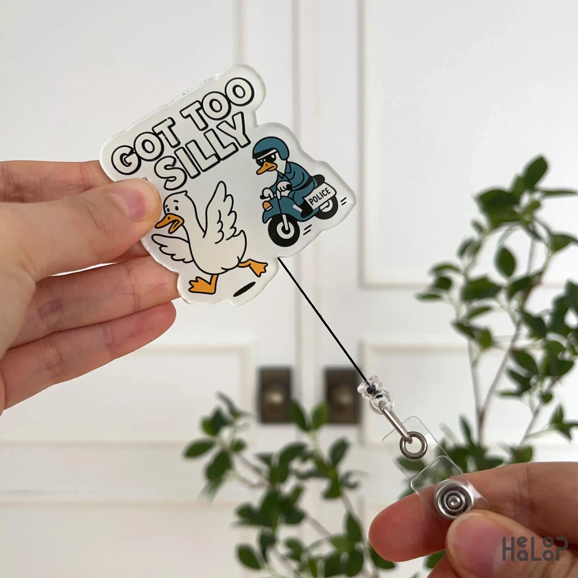 Funny Goose Nurse Badge Reel by Healoop – retractable badge holder with cute goose and police design