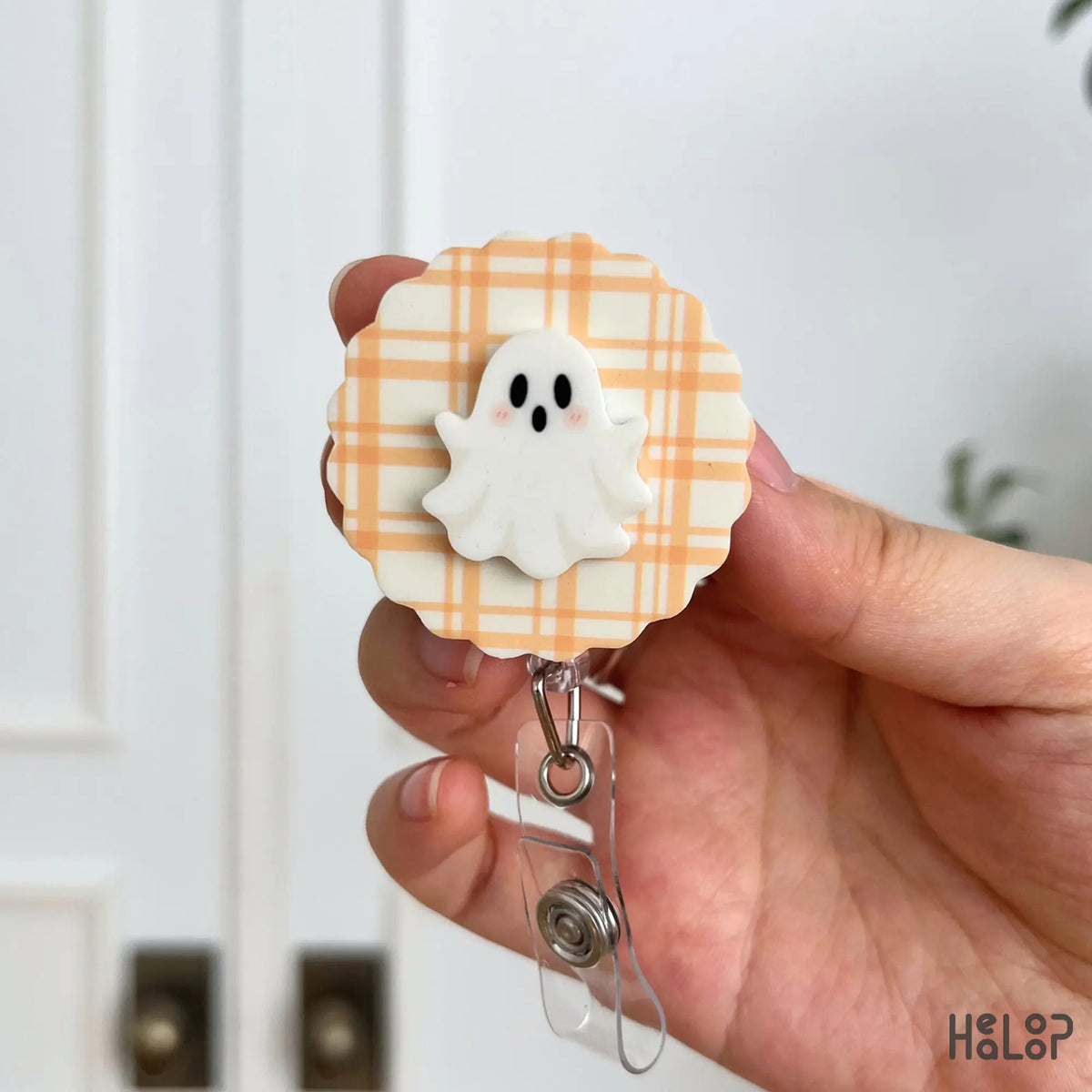 Cute Ghost Badge Reel with light orange plaid background