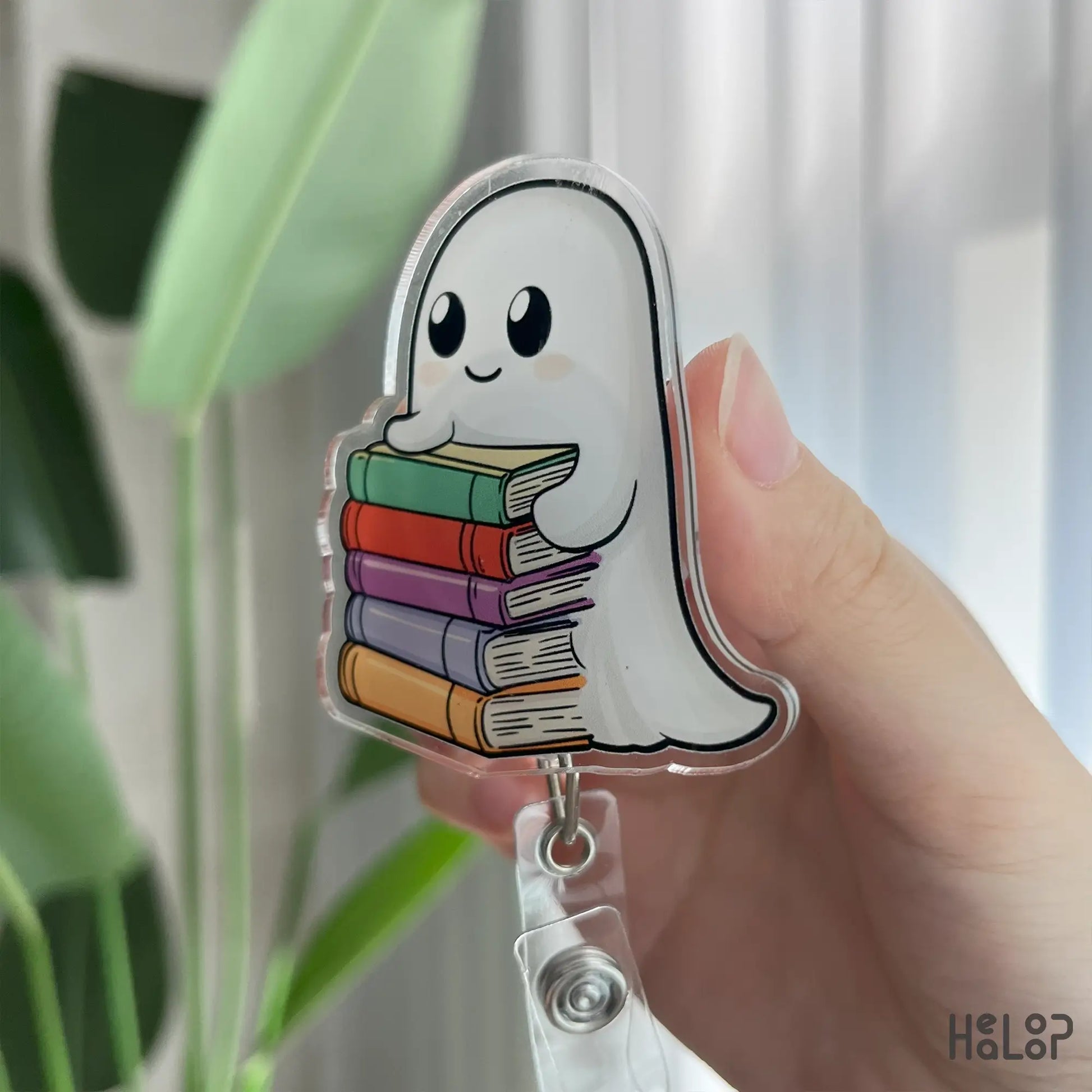 Side view of ghost bookish acrylic badge reel