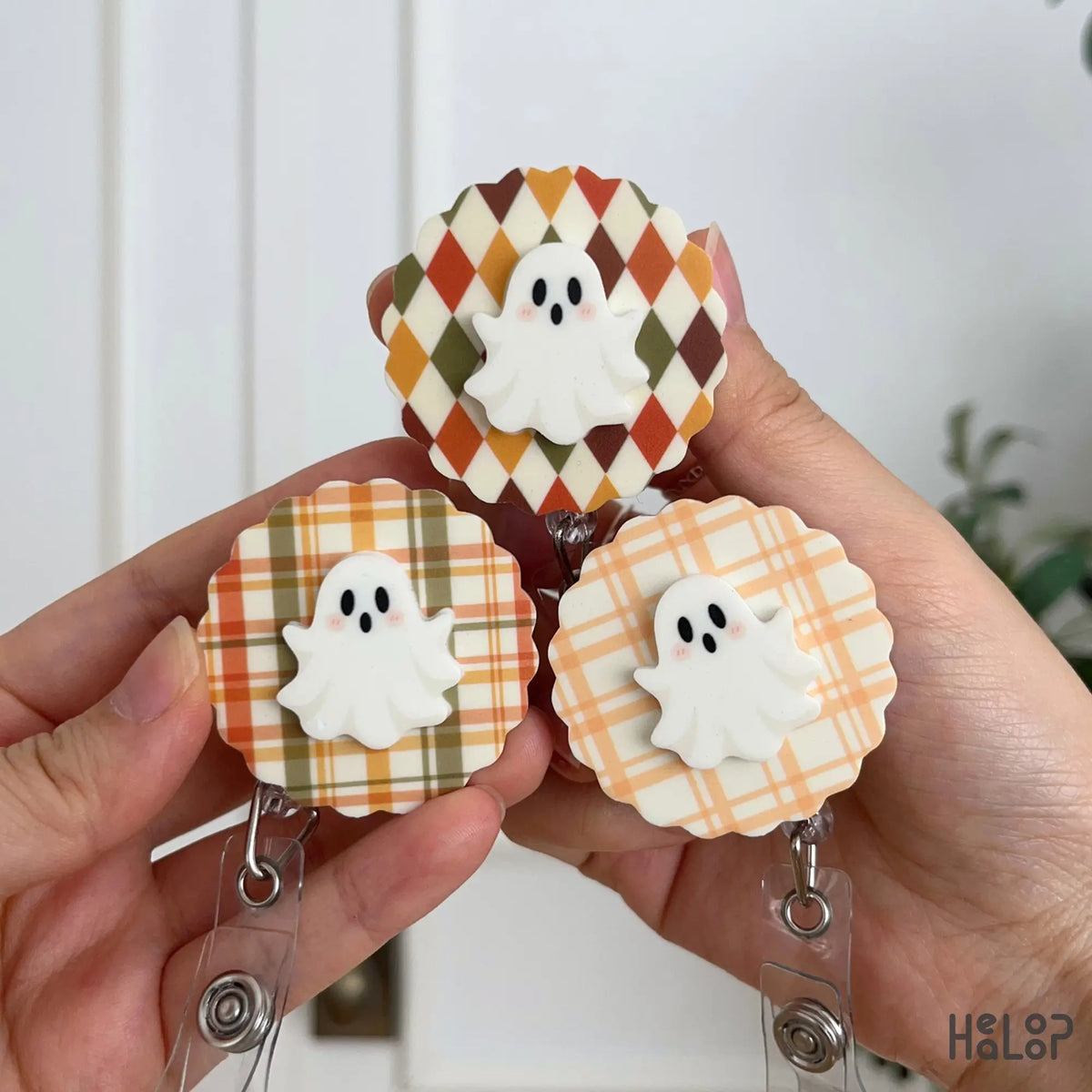 Three cute Ghost Badge Reel designs for Halloween and fall