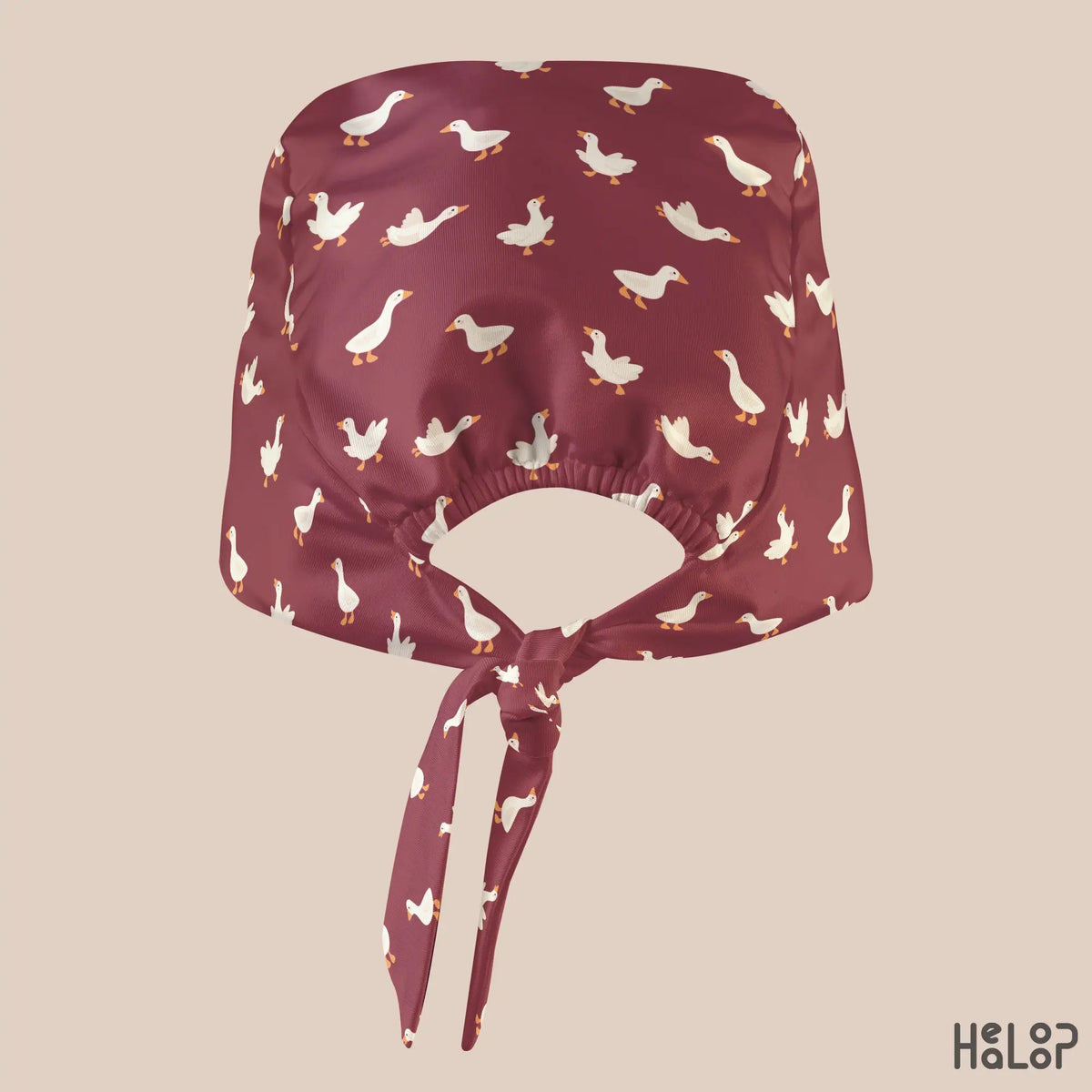 Goose Classic Scrub Cap by HEALOOP showing the back elastic opening, adjustable printed ties, and cute white goose pattern on burgundy fabric.