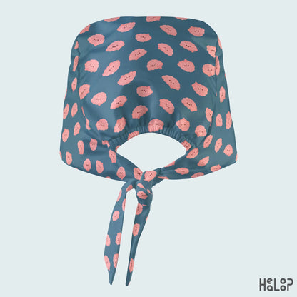 Brain Classic Scrub Cap back view featuring cute pink brain characters on teal-blue fabric with an elastic opening and adjustable back ties.