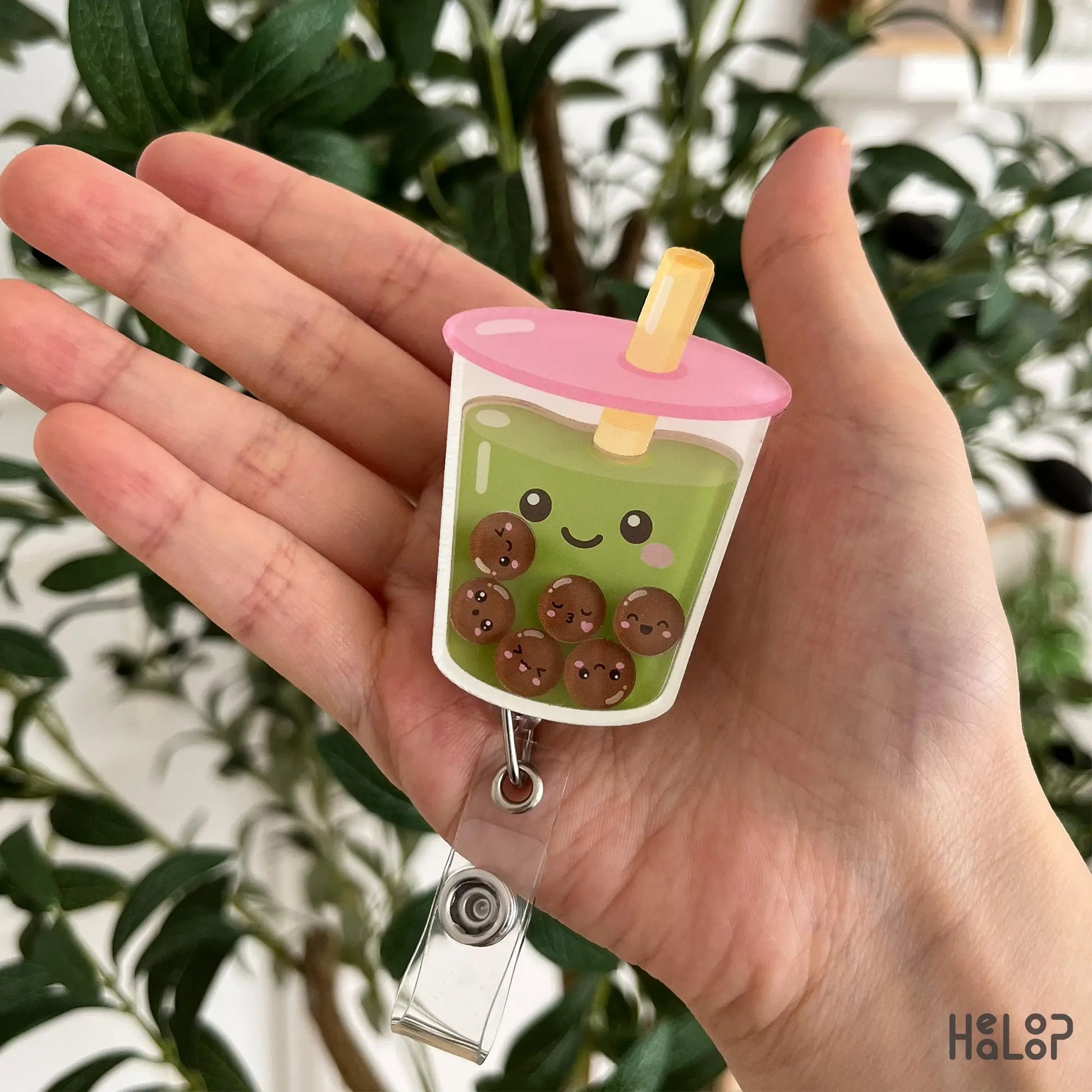 Matcha Boba Tea Shaker Badge Reel featuring a kawaii smiling bubble tea cup with movable boba pearls and retractable badge holder.