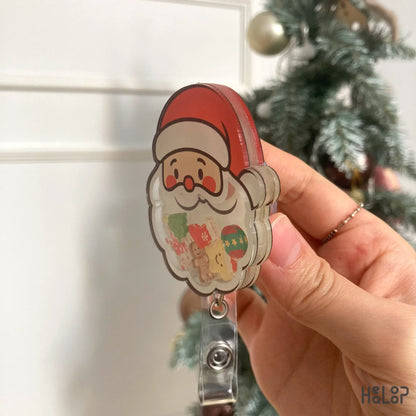 Healoop Santa Shaker Badge Reel side view – cute Christmas retractable ID holder with shaker charms