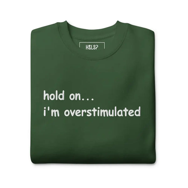 Folded 'Hold on... I’m overstimulated' sweatshirt in Forest Green, highlighting its soft fabric and intricate embroidery.