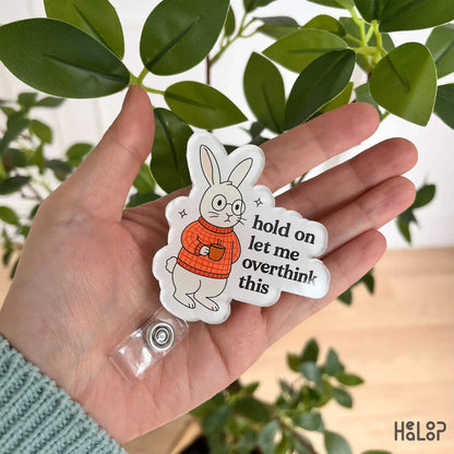 Cute Healoop acrylic badge reel – bunny in red sweater with funny quote for nurse gift