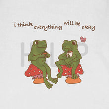 Hand-drawn design of two frogs sitting on mushrooms, drinking coffee, with the phrase 'I think everything will be okay.