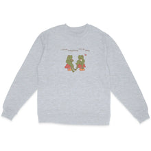 Heather grey sweatshirt featuring 'I think everything will be okay' text and two frogs on mushrooms drinking coffee.