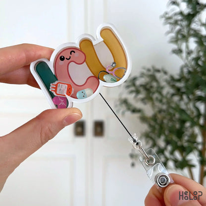 Retractable ICU nurse badge reel showing pull cord hospital ID holder