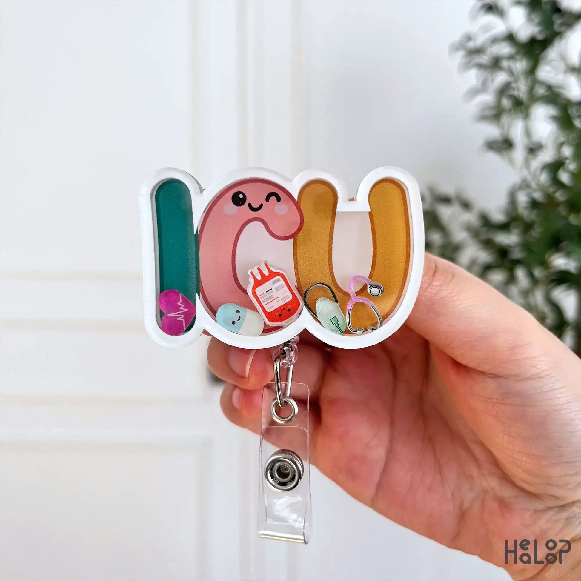 Intensive care nurse shaker badge reel with blood bag stethoscope and medical charms