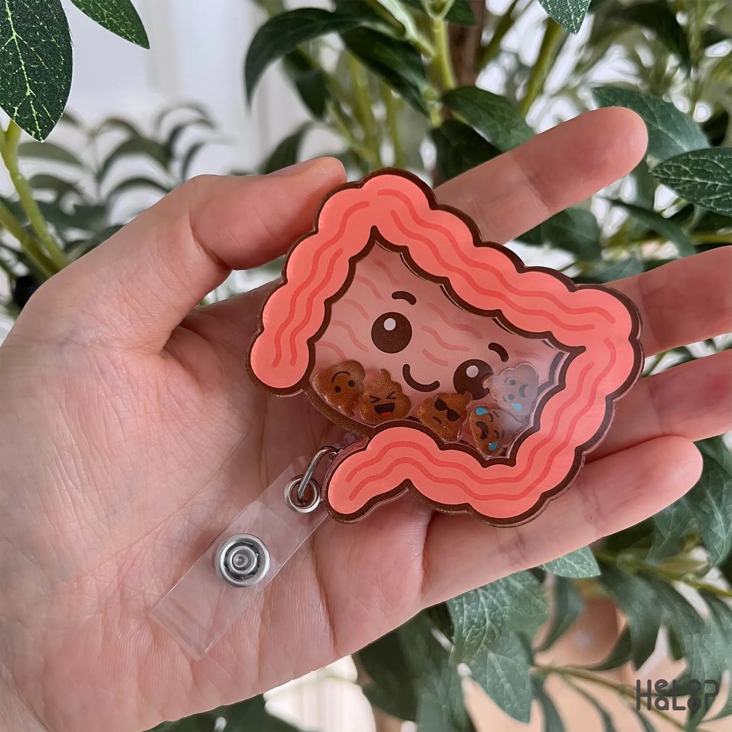 Intestine shaker badge reel for nurses with cute floating poop charms and retractable ID holder