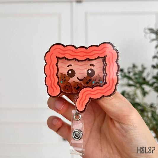 Funny intestine shaker badge reel with cute charms designed for nurses and medical staff