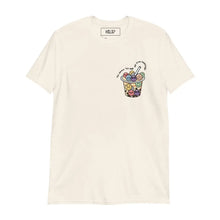 Natural T-shirt with 'It's okay to feel all the feelings' printed alongside a Boba Tea design with tapioca pearls expressing various emotions.