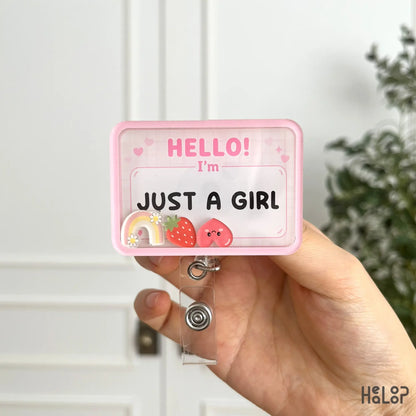 Hello I'm Just A Girl personalized shaker badge reel with strawberry rainbow and heart charms for custom badge holders