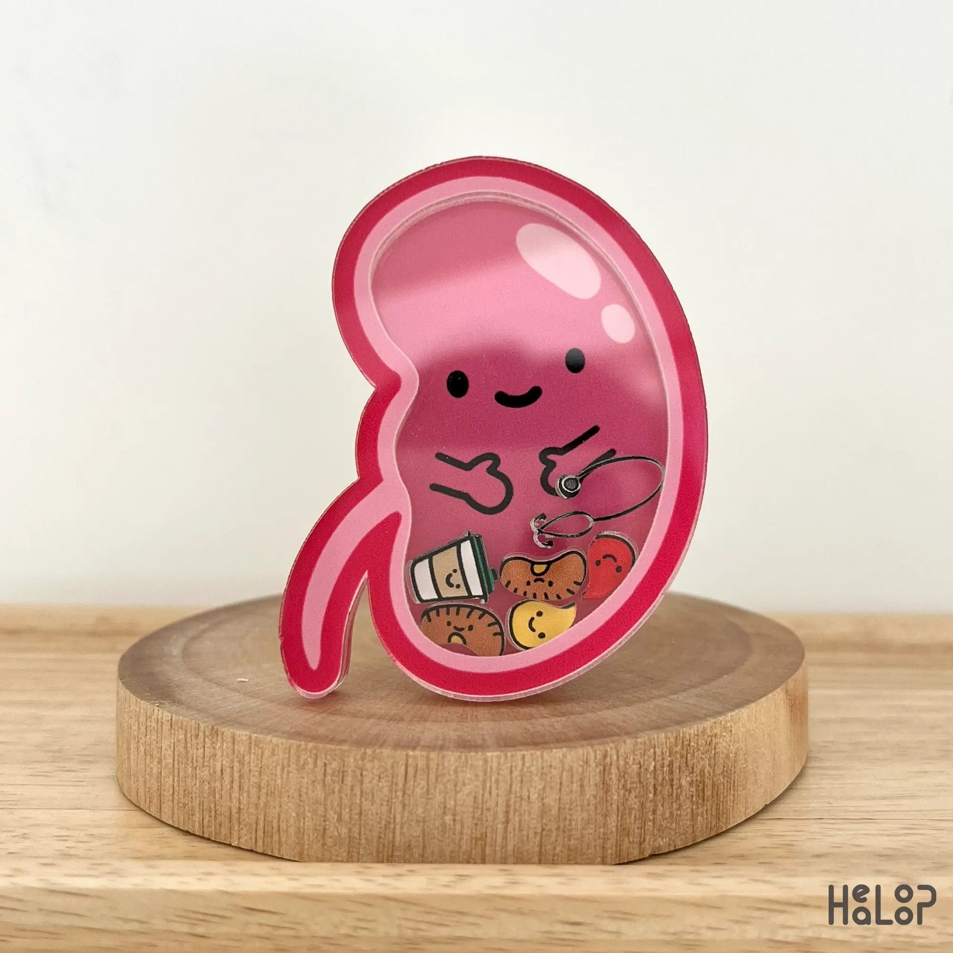 Front view of kidney-shaped shaker badge reel with pee and kidney charms
