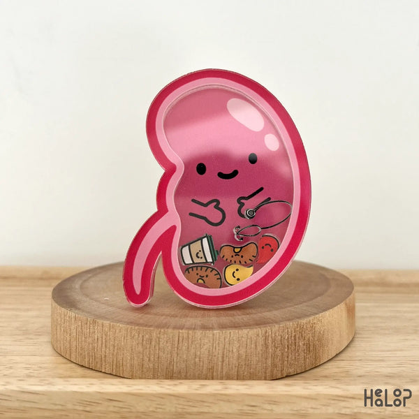 Front view of kidney-shaped shaker badge reel with pee and kidney charms