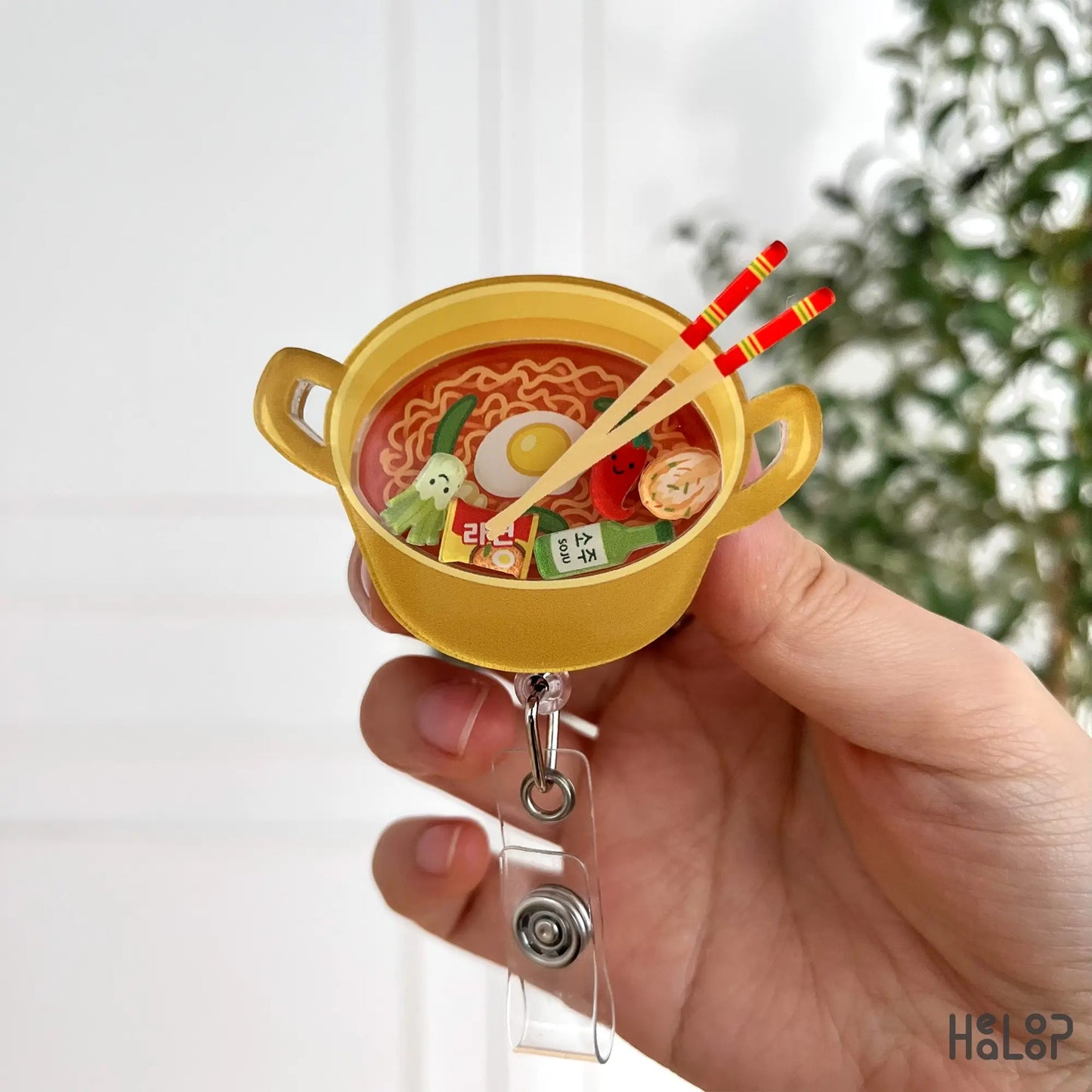 Korean ramen badge reel with noodles, egg, and cute food charms