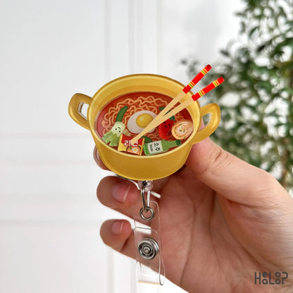 Korean ramen badge reel with noodles, egg, and cute food charms