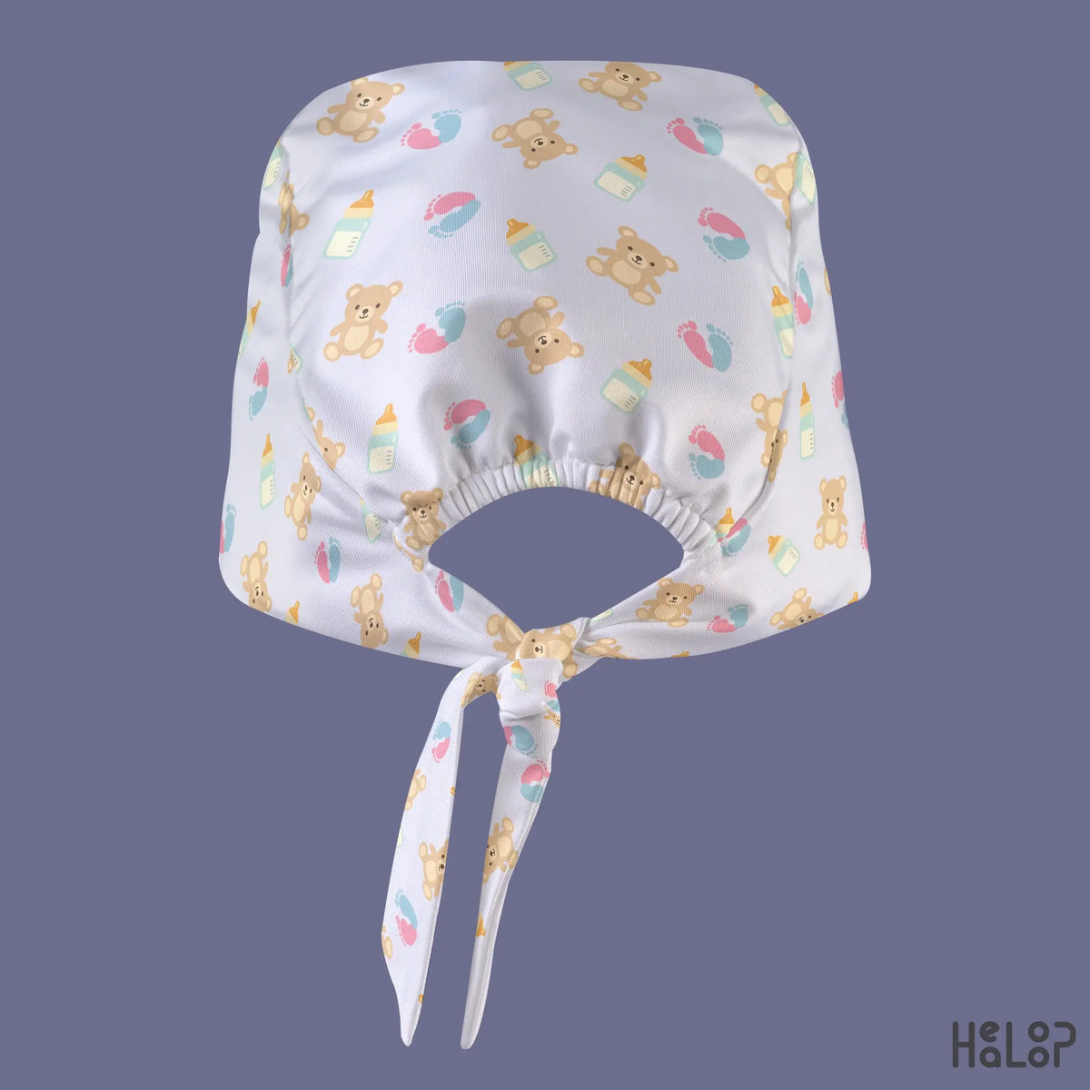 L&D NICU classic scrub cap back view showing adjustable tie straps, elastic opening, and pastel teddy bear, baby bottle, and footprint pattern.