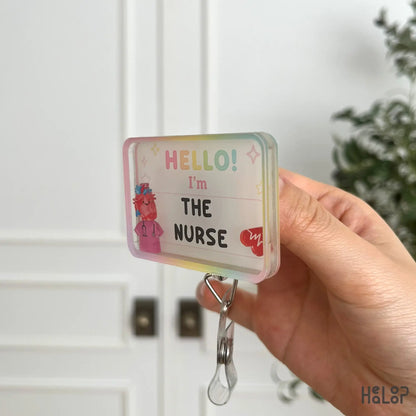 Side profile of personalized acrylic shaker badge reel showing layered construction