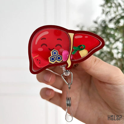 Liver badge reel with adorable red shaker charms and retractable clip for nurses