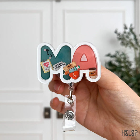 MA shaker badge reel with medical assistant themed charms and acrylic badge holder