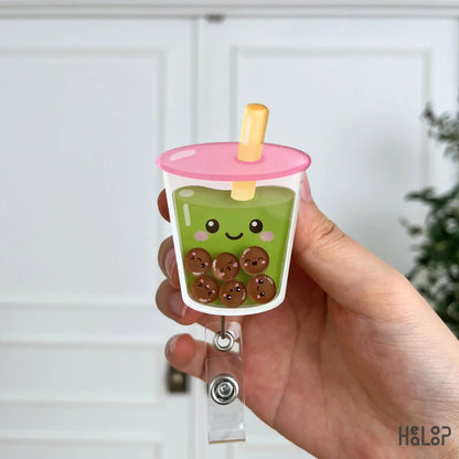 Adorable Matcha Boba Tea Shaker Badge Reel with smiling matcha drink, cute boba pearls, and retractable ID badge holder.