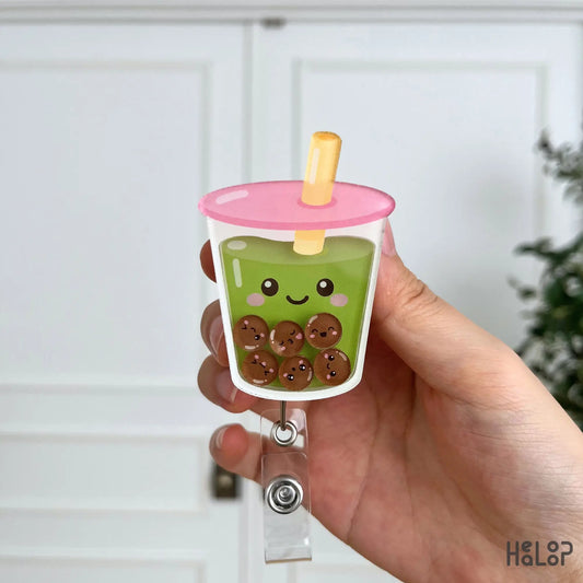 Adorable Matcha Boba Tea Shaker Badge Reel with smiling matcha drink, cute boba pearls, and retractable ID badge holder.