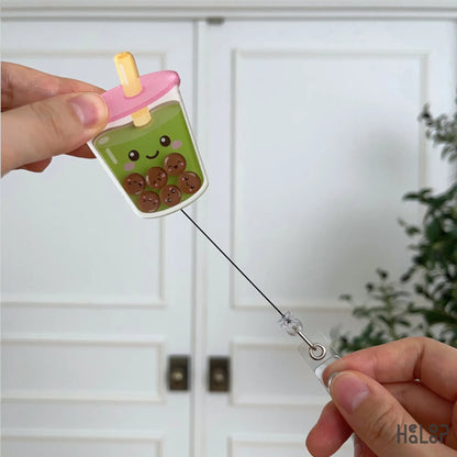 Cute Matcha Bubble Tea retractable badge reel with interactive shaker design and movable boba pearls for nurses and healthcare workers.