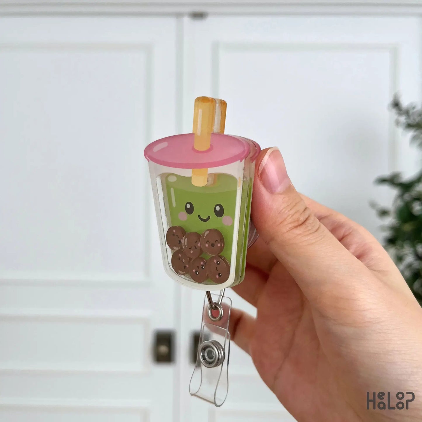 Premium layered acrylic Matcha Boba Tea Shaker Badge Reel shown from the side to highlight the shaker construction.