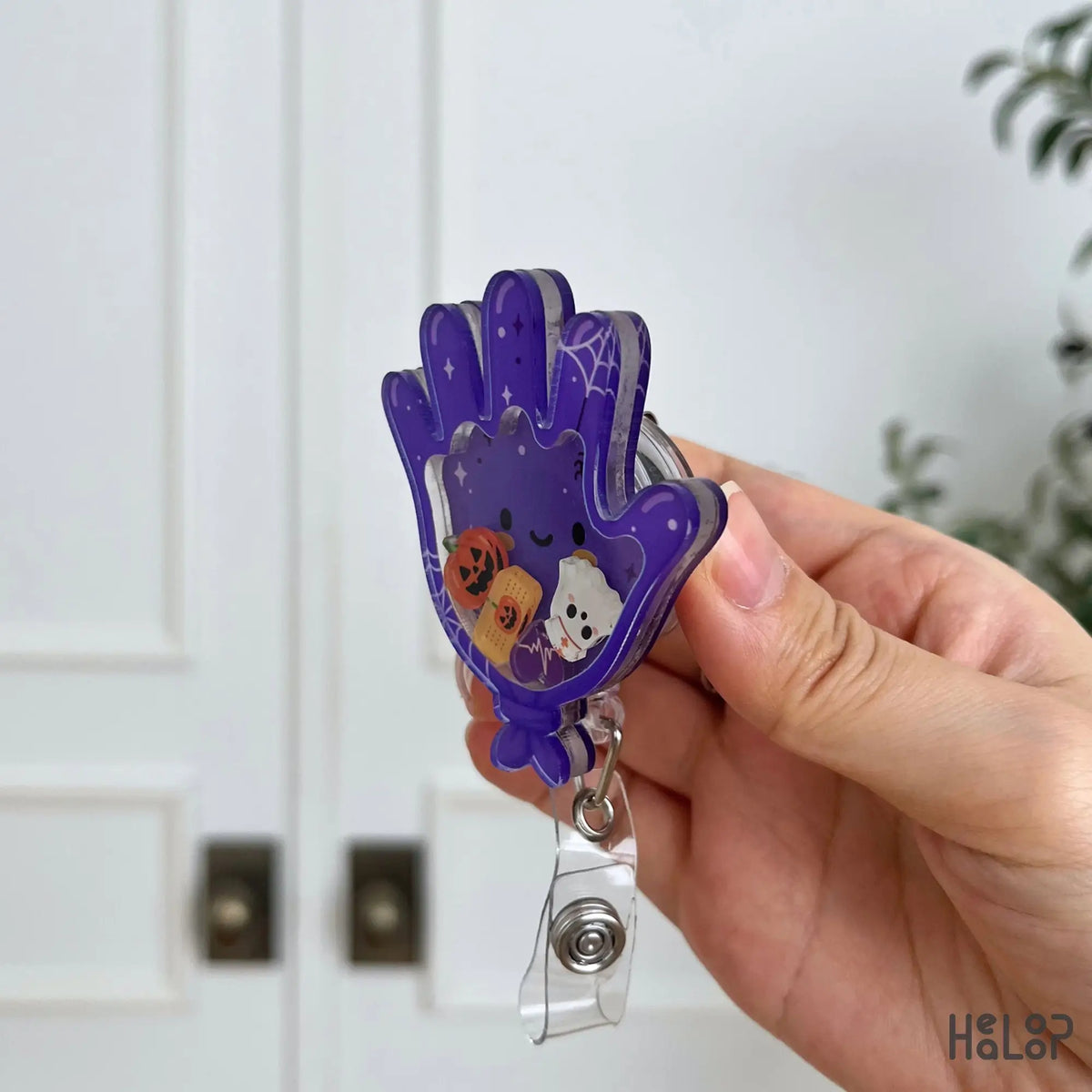 Medical Glove Shaker Badge Reel Halloween Version Side