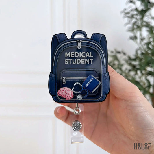 Medical student backpack shaker badge reel with stethoscope brain and medicine book charms