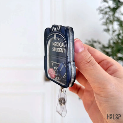 Medical student shaker badge reel side profile showing acrylic layered badge holder design