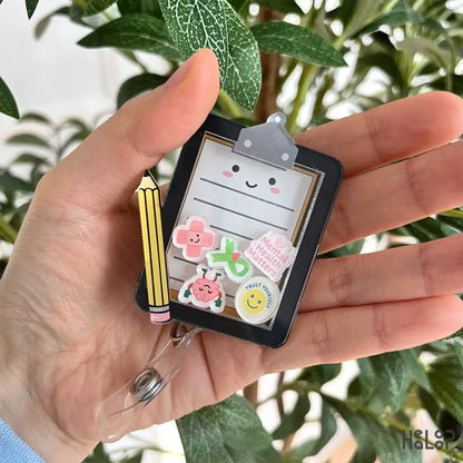 Cute Mental Health Board badge reel with stickers and pencil charm