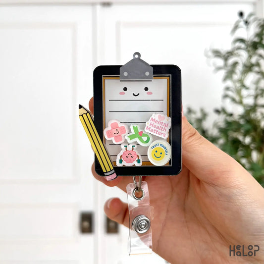 Mental Health Board shaker badge reel with mental-health charms