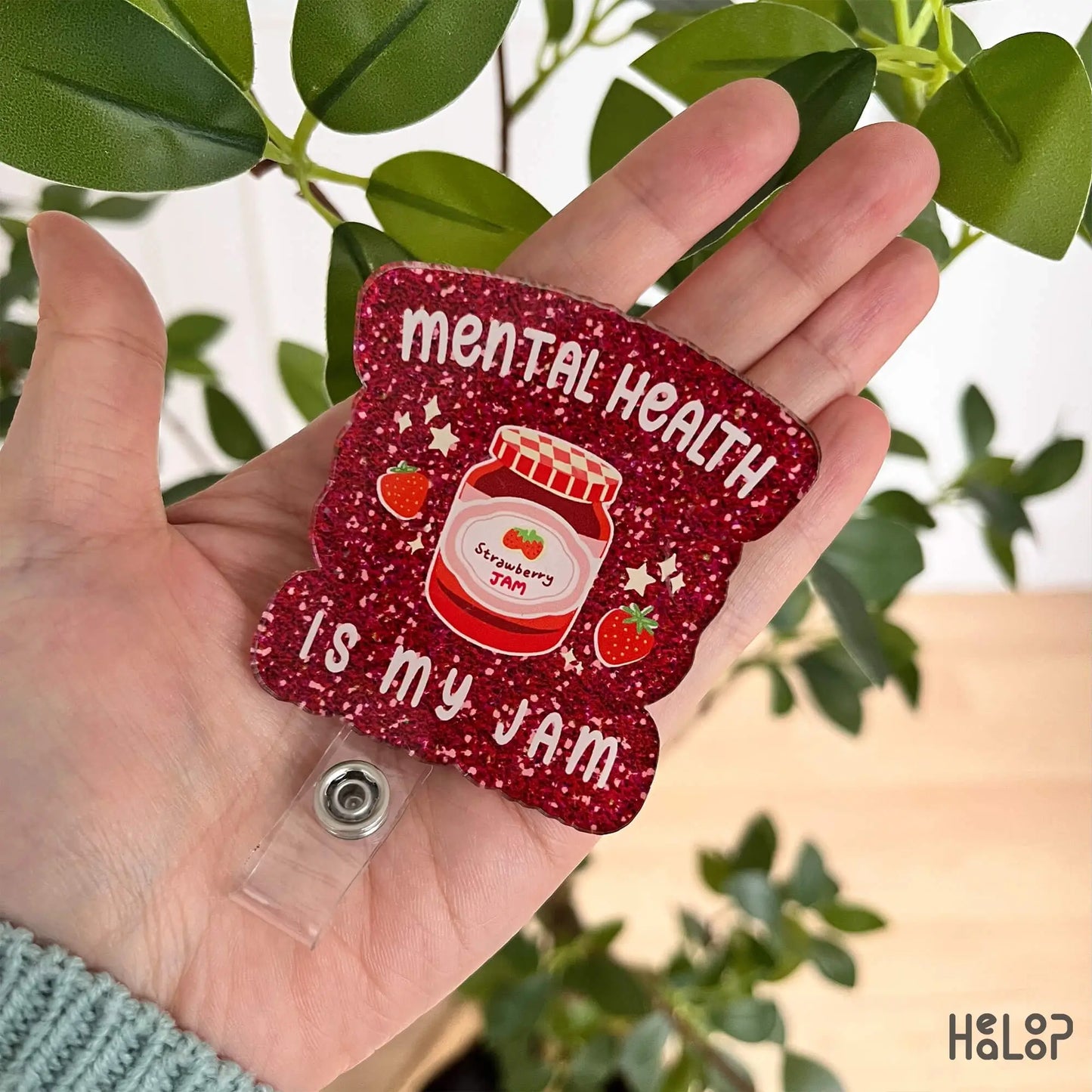 Healoop “Mental Health Is My Jam” retractable ID holder with strawberry jam artwork – perfect nurse gift
