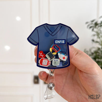 navy nurse scrub badge reel with name chris and healthcare charms custom badge reel