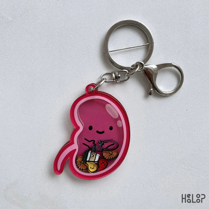Cute Kidney Shaker Keychain with miniature medical charms for dialysis nurses, nephrology nurses, and anatomy lovers.