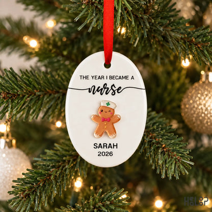 New RN Christmas gift ornament personalized with name and year and displayed with a red ribbon