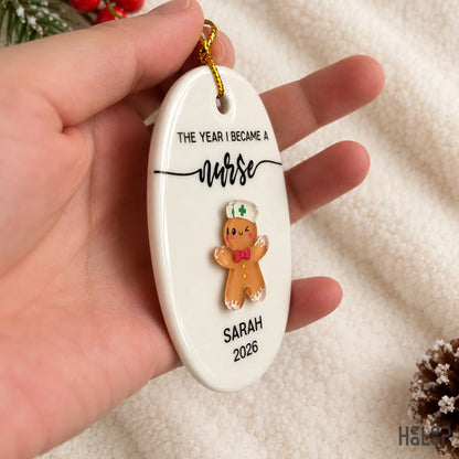 Personalized nurse graduation gift with custom name and year on a layered ceramic and acrylic ornament
