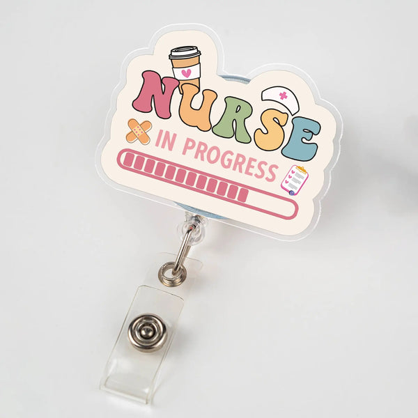 Badge holder with 'Nurse In Progress' design on a white background