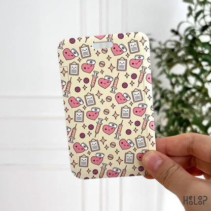 nurse medical heart ID badge holder with syringe and clipboard pattern
