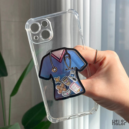 Acrylic nurse shaker phone grip attached to a transparent phone case, cute nurse gift accessory