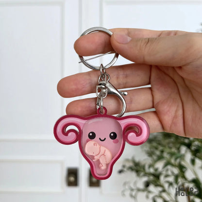 Healoop pink OBGYN shaker keychain with cute uterus design and moving baby charm